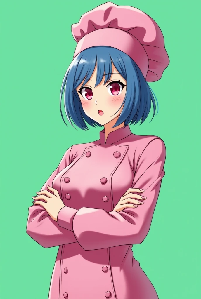 Female chef between 18 and 1, with a pink long-sleeved uniform and a chef's hat of the same color, 2D anime style, short blue hair, Red eyes ,with a happy and sensual expression, on a completely green and flat background