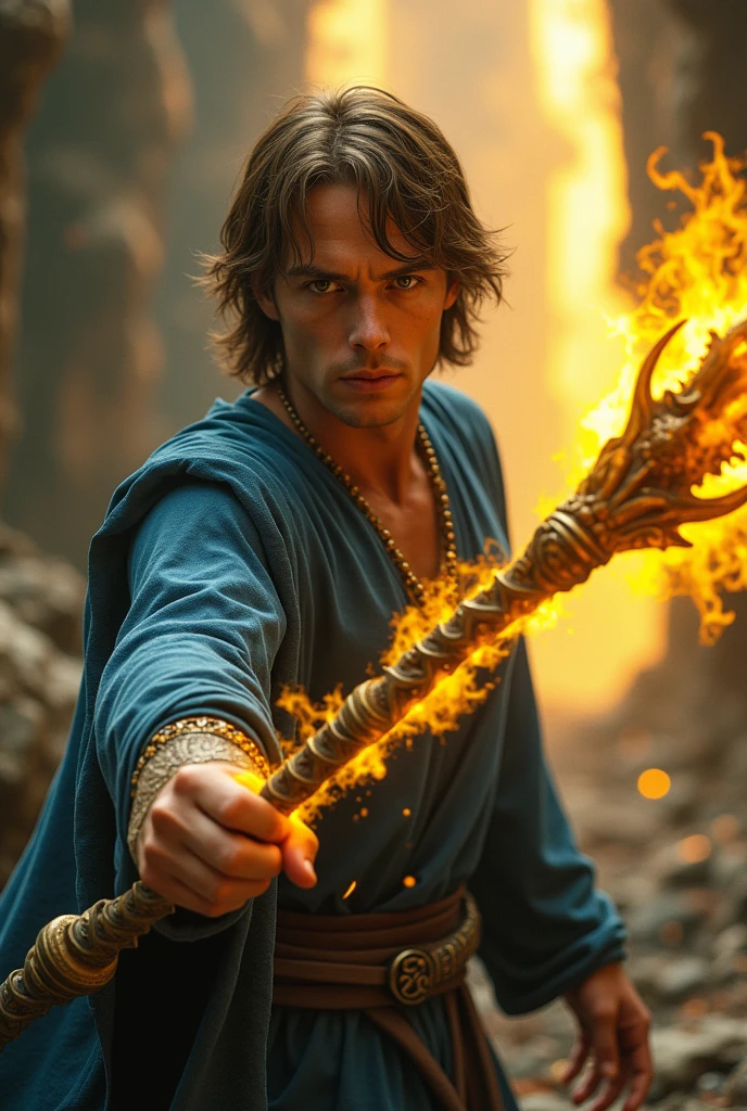 A hellish scene, a normal human man with shoulder-length brown hair, wearing a blue tunic, holding an intricate staff, emitting yellow magic, with a serious look, facing the viewer, (best quality,4k,8k,highres,masterpiece:1.2),ultra-detailed,(realistic,photorealistic,photo-realistic:1.37),HDR,UHD,studio lighting,ultra-fine painting,sharp focus,physically-based rendering,extreme detail description,professional,vivid colors,bokeh,fantasy,concept art