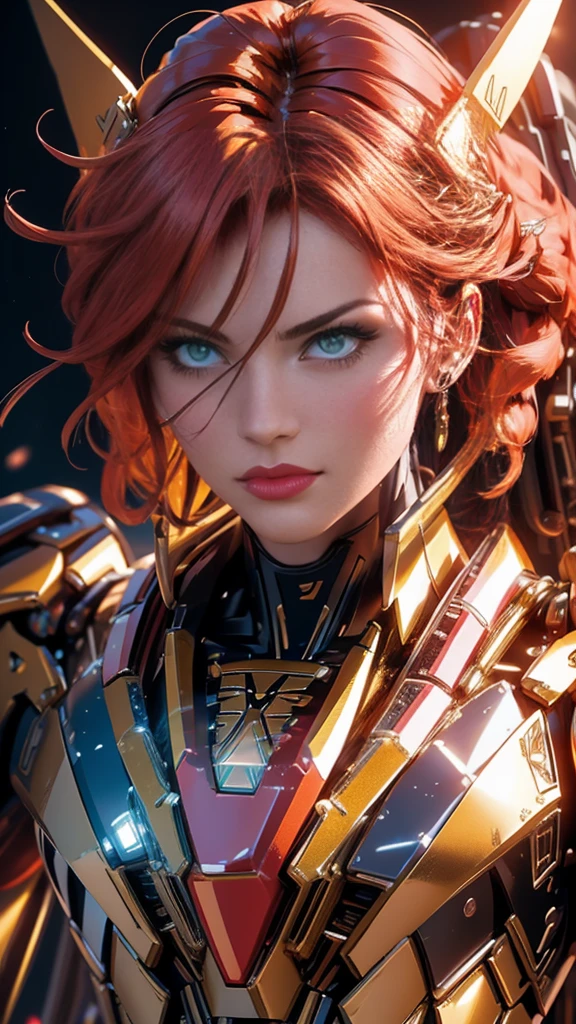 A beautiful detailed portrait of Jean Grey from X-men as a Gundam mecha, extremely detailed eyes and face, long eyelashes, intricate mecha design, futuristic tech, seamless integration of organic and mechanical elements, cinematic lighting, dramatic pose, vibrant colors, 8k, photorealistic, concept art style