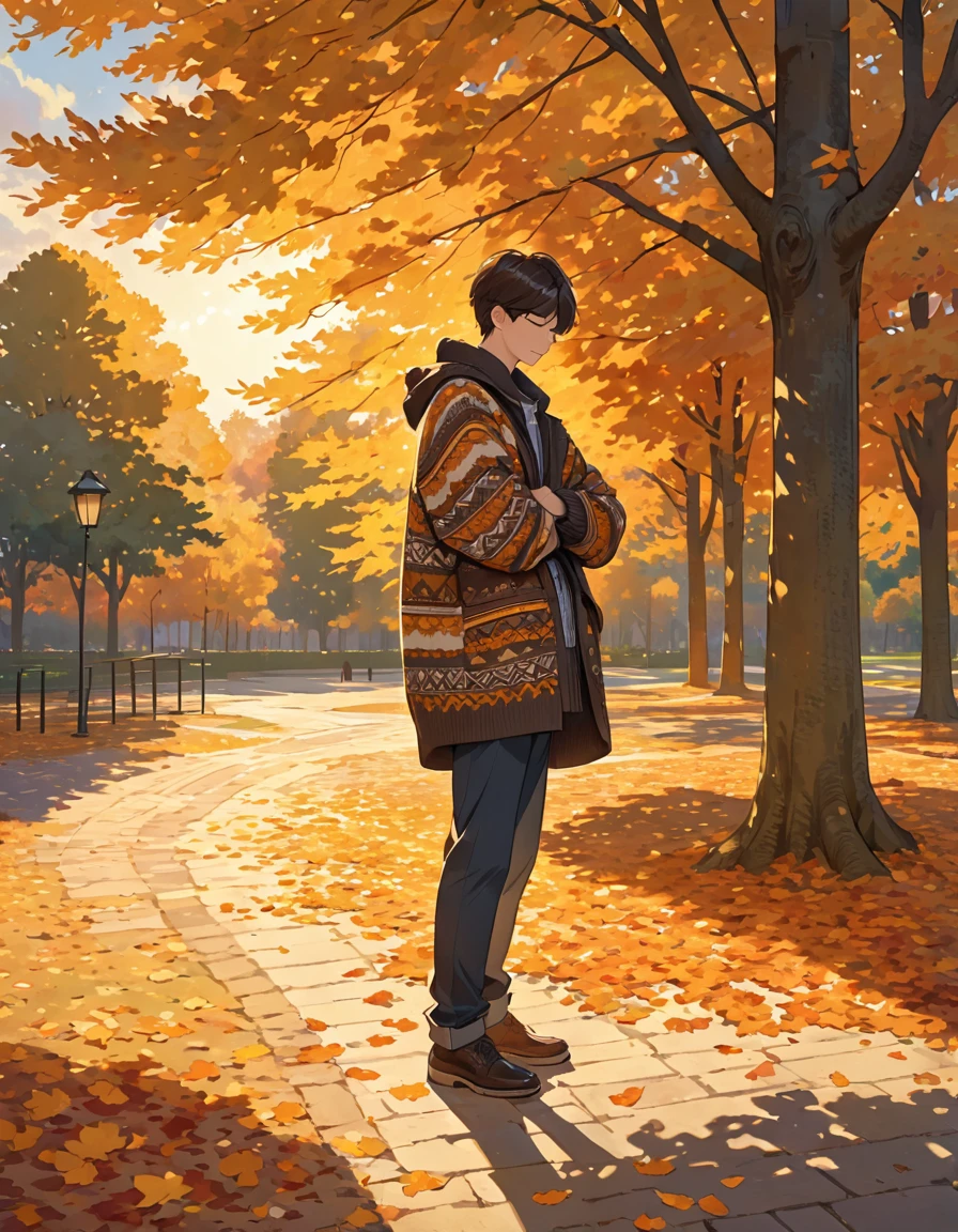 The image shows a person wearing a patterned sweater, standing outdoors in what appears to be a park or wooded area. The setting sun casts a warm, golden light, creating long shadows on the ground covered with fallen leaves. The person is holding a coat or jacket against their body with one arm while the other arm is crossed, holding the sweater. The surrounding trees contribute to a peaceful and serene autumn atmosphere.boy