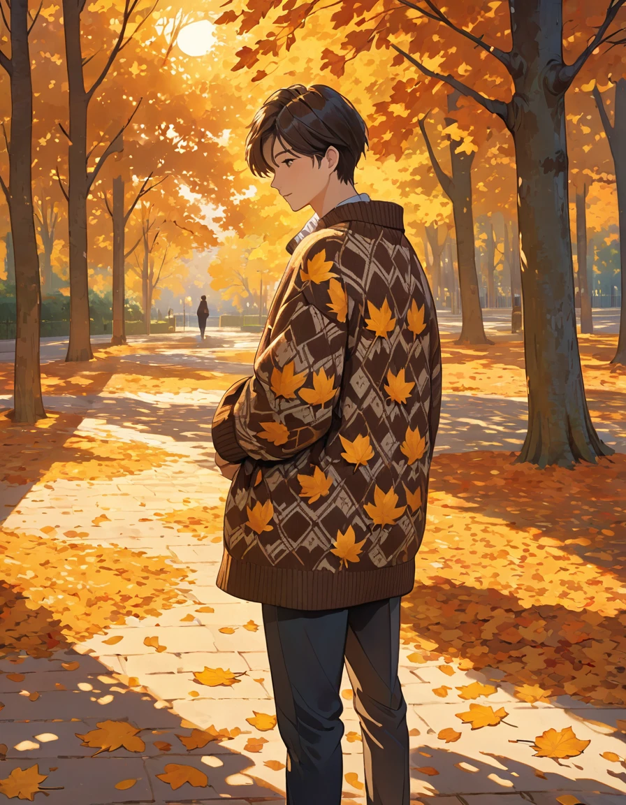 The image shows a person wearing a patterned sweater, standing outdoors in what appears to be a park or wooded area. The setting sun casts a warm, golden light, creating long shadows on the ground covered with fallen leaves. The person is holding a coat or jacket against their body with one arm while the other arm is crossed, holding the sweater. The surrounding trees contribute to a peaceful and serene autumn atmosphere.boy