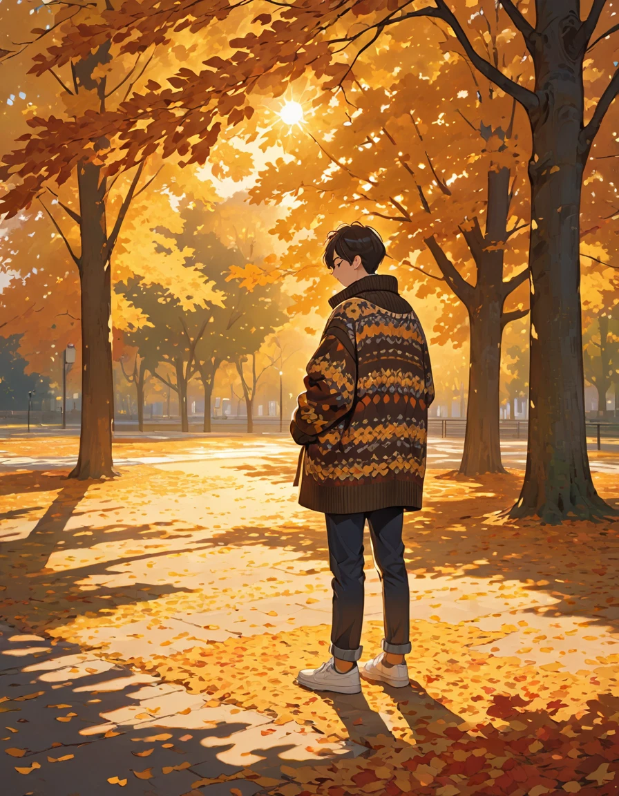 The image shows a person wearing a patterned sweater, standing outdoors in what appears to be a park or wooded area. The setting sun casts a warm, golden light, creating long shadows on the ground covered with fallen leaves. The person is holding a coat or jacket against their body with one arm while the other arm is crossed, holding the sweater. The surrounding trees contribute to a peaceful and serene autumn atmosphere.boy
