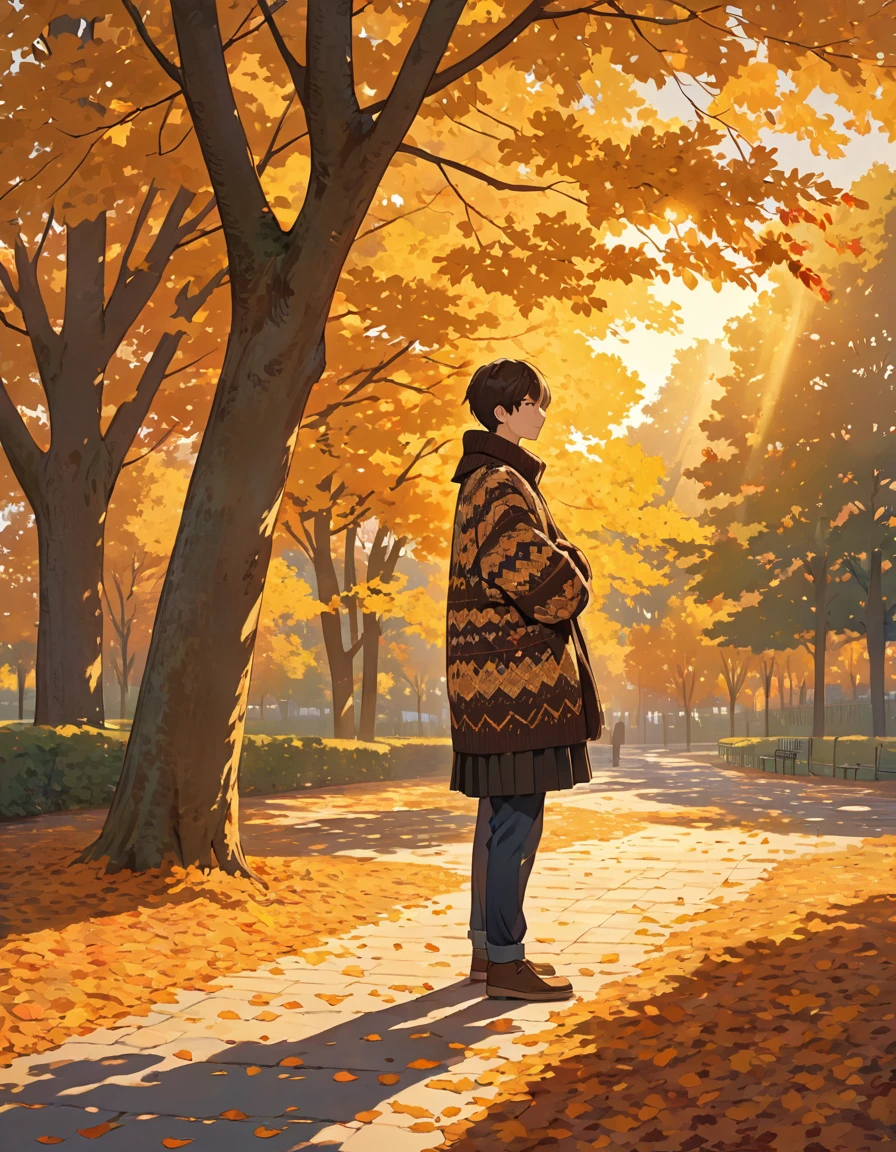 The image shows a person wearing a patterned sweater, standing outdoors in what appears to be a park or wooded area. The setting sun casts a warm, golden light, creating long shadows on the ground covered with fallen leaves. The person is holding a coat or jacket against their body with one arm while the other arm is crossed, holding the sweater. The surrounding trees contribute to a peaceful and serene autumn atmosphere.boy