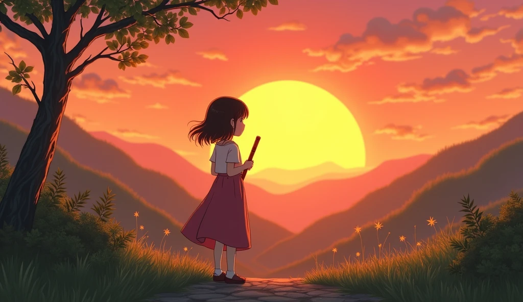 A younger korean girl looks into a sunrise,we see her from behind ,romantic scenery,in her hansld she holds a Bamboo flute, ghibli style 