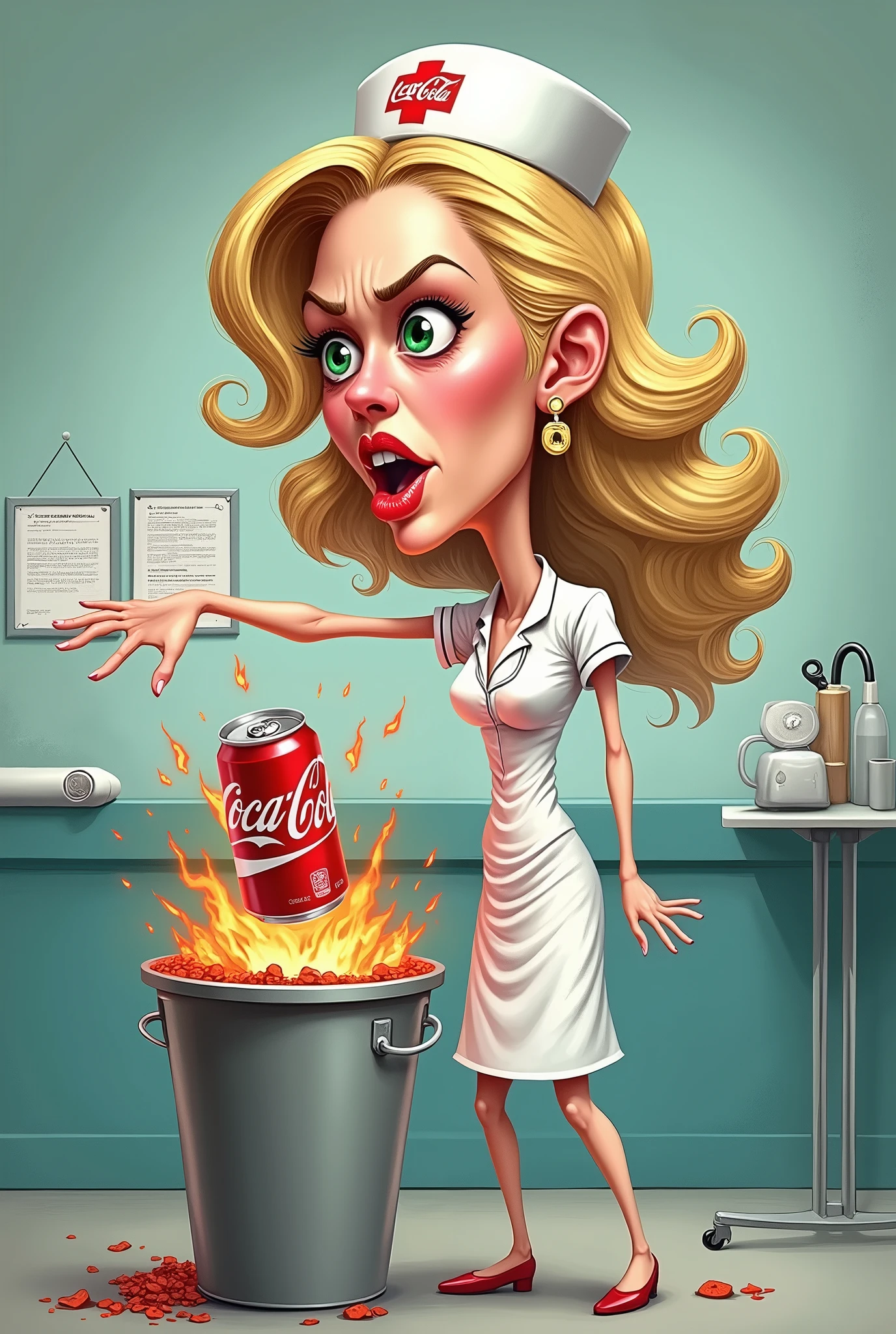 A white woman, blonde, Nurse, throwing coke in the trash can and saying, Whoever takes it will burn in the marble of hell ( Caricature format)