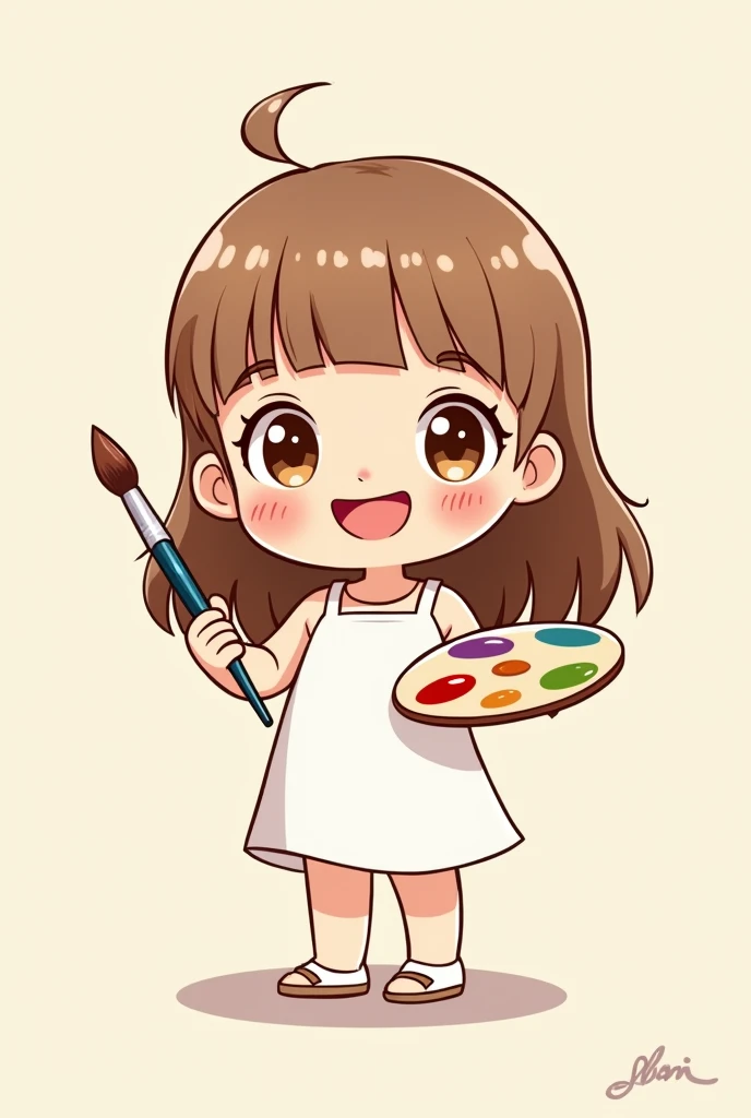 Create a cartoon mascot, child with long straight hair, and short bangs, light brown eyes and I want her to be holding a brush and a paint palette in her hands, withe dress