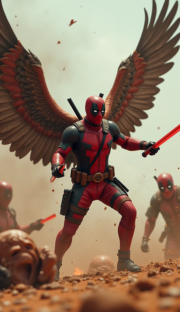 masterpiece, Highest quality, The best vantage point, Super detailed and intricate, Very delicate and beautiful, Highest quality light, (Ray Tracing:1.1),dead pool、Two Desert Eagles、Bloody、During fierce fighting、Knock down the enemy