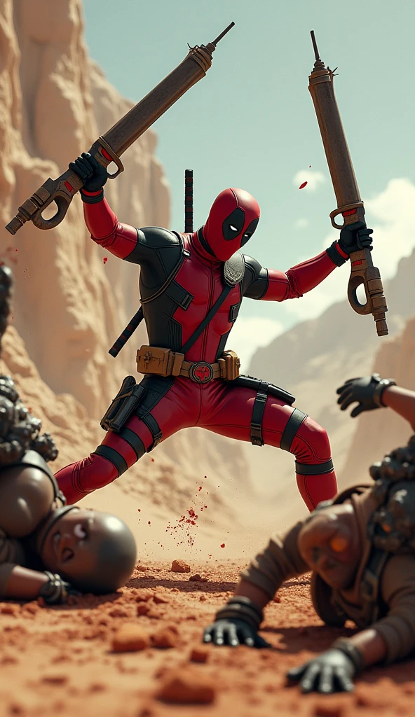 masterpiece, Highest quality, The best vantage point, Super detailed and intricate, Very delicate and beautiful, Highest quality light, (Ray Tracing:1.1),dead pool、Two Desert Eagles、Bloody、During fierce fighting、Knock down the enemy