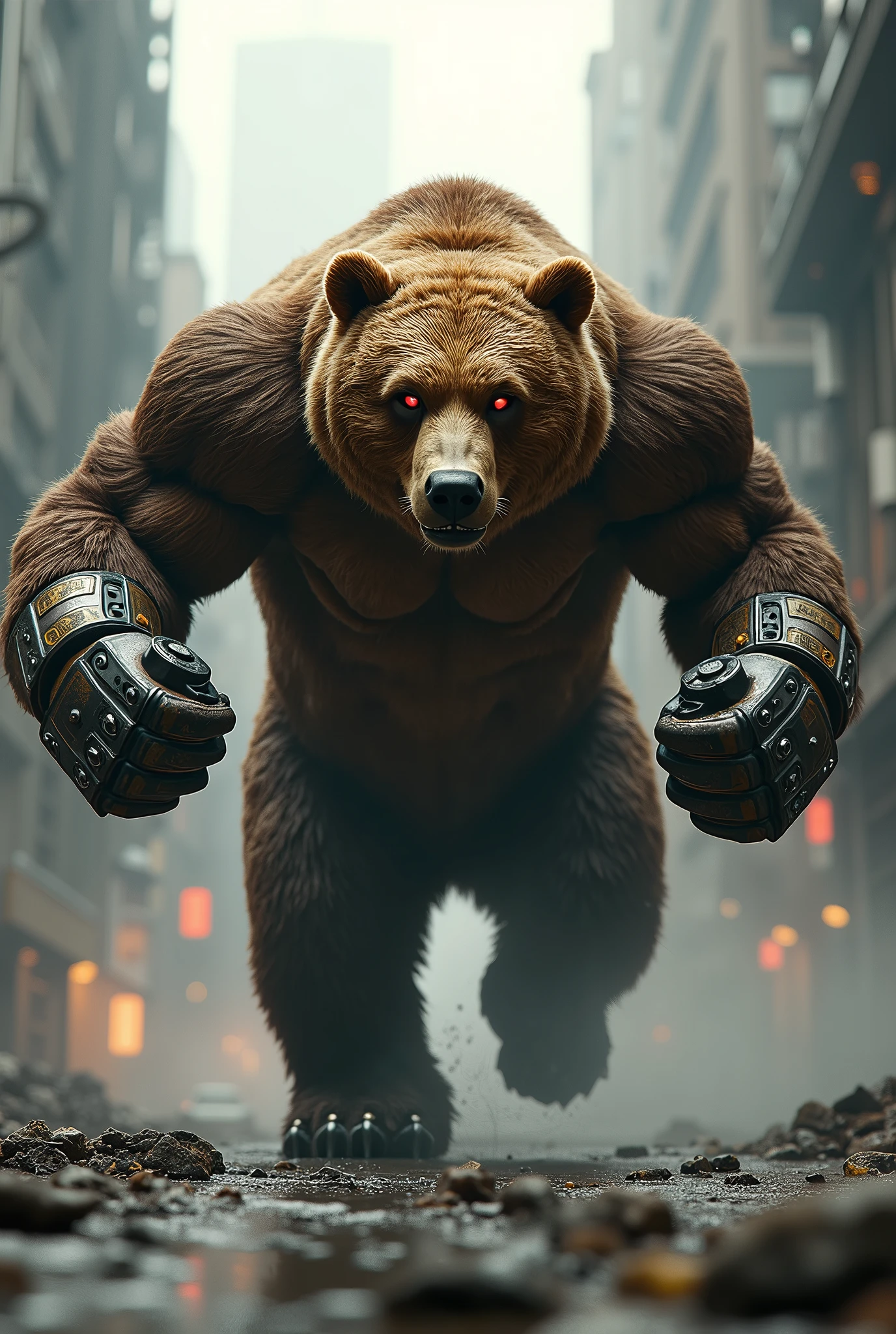 a gigantic brown bear with two mecha metal arms charging forward on two feet, muscular body, boxing pose, one metal robot red eye and one yellow eye, glowing eyes, industrial city background, dramatic lighting, high contrast 
