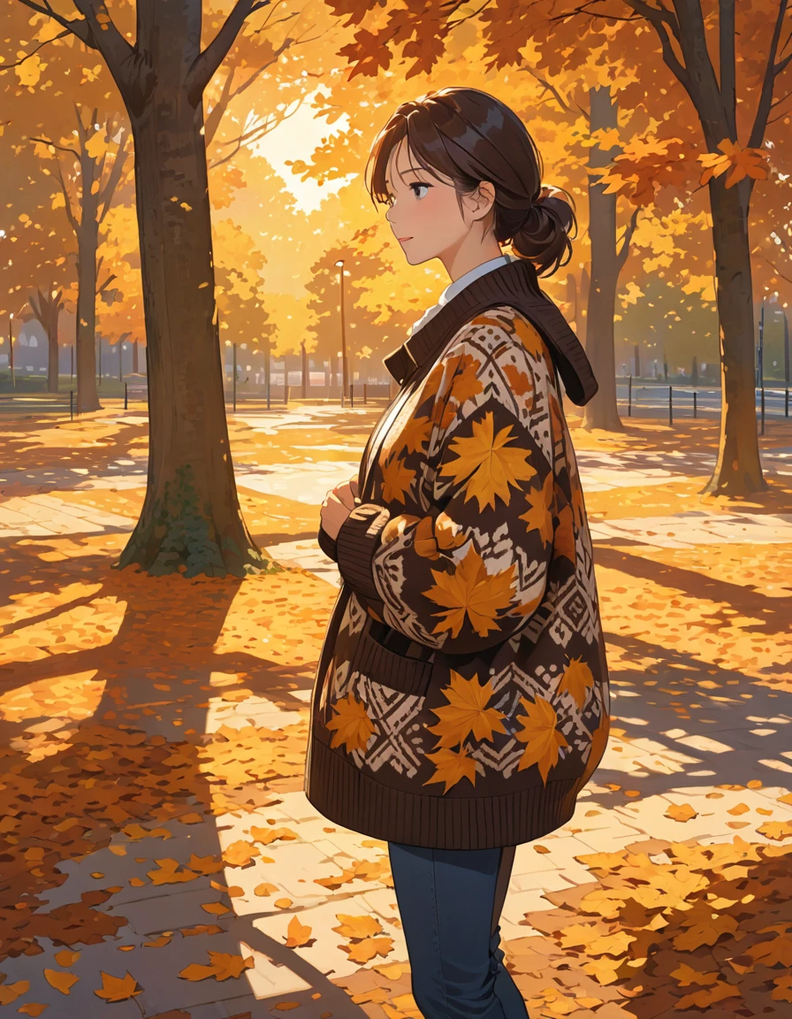 The image shows a person wearing a patterned sweater, standing outdoors in what appears to be a park or wooded area. The setting sun casts a warm, golden light, creating long shadows on the ground covered with fallen leaves. The person is holding a coat or jacket against their body with one arm while the other arm is crossed, holding the sweater. The surrounding trees contribute to a peaceful and serene autumn atmosphere.