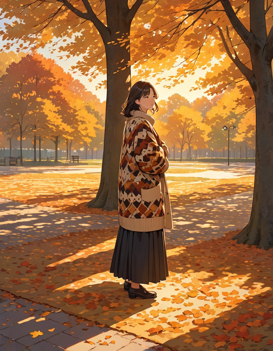 The image shows a person wearing a patterned sweater, standing outdoors in what appears to be a park or wooded area. The setting sun casts a warm, golden light, creating long shadows on the ground covered with fallen leaves. The person is holding a coat or jacket against their body with one arm while the other arm is crossed, holding the sweater. The surrounding trees contribute to a peaceful and serene autumn atmosphere.
