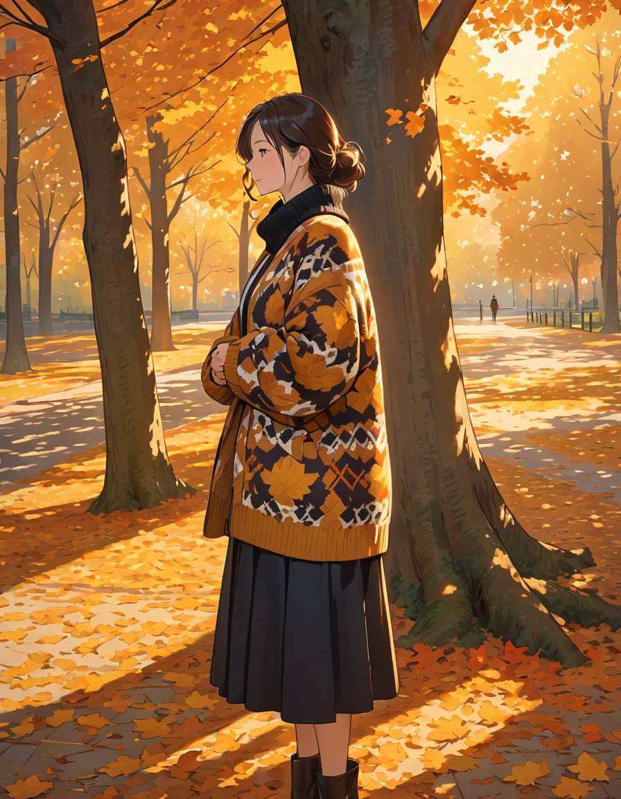 The image shows a person wearing a patterned sweater, standing outdoors in what appears to be a park or wooded area. The setting sun casts a warm, golden light, creating long shadows on the ground covered with fallen leaves. The person is holding a coat or jacket against their body with one arm while the other arm is crossed, holding the sweater. The surrounding trees contribute to a peaceful and serene autumn atmosphere.