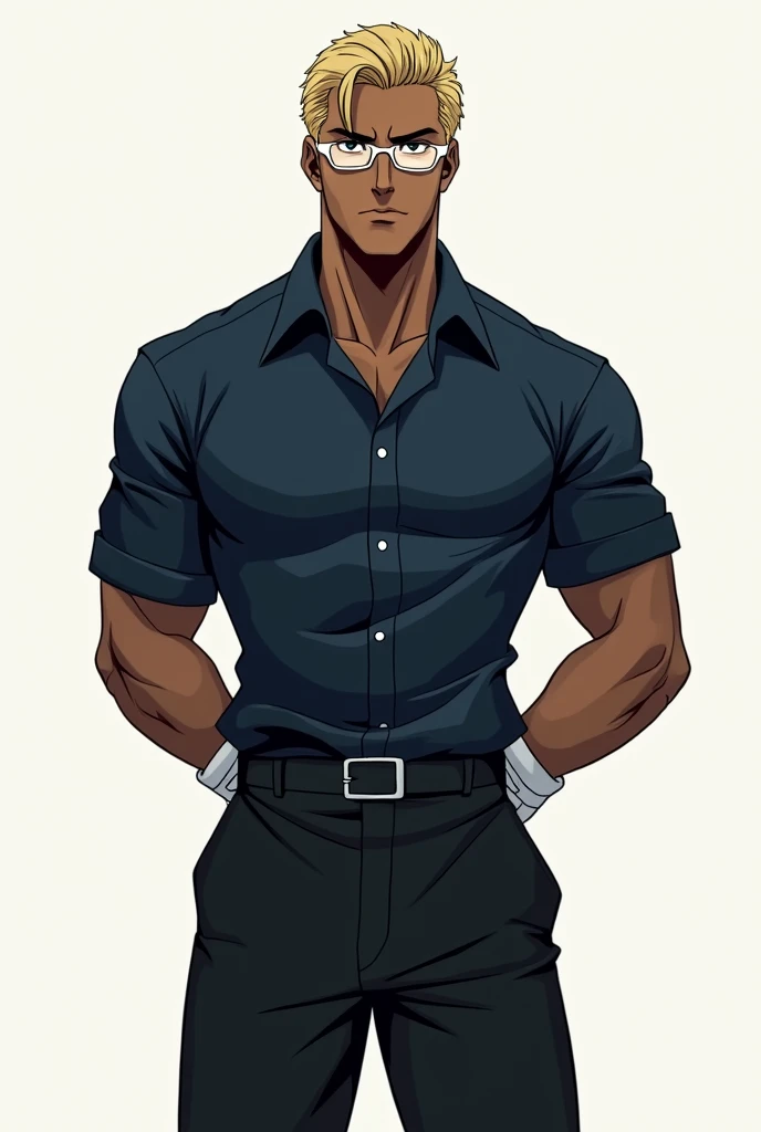 (Artwork), (8K), (Hellsing anime line style), 1 young man with dark skin, strong body, blonde hair slicked back, wearing white lens reading glasses, big nose, handsome face, wearing dark blue dress shirt, wearing white gloves, loose black pants, dress shoes, hands behind back, serious look.
