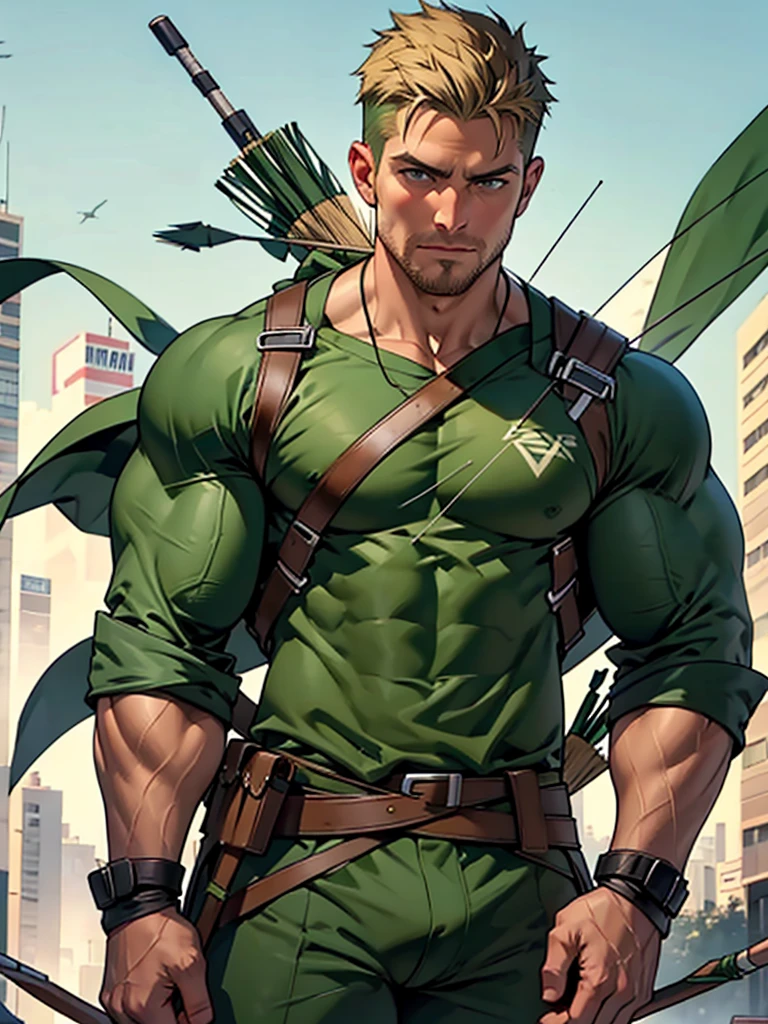 NSFW, 32k, high quality , detailed face , detailed fingers ,detailed muscles stephen amell as green arrow , wearing blackish green outfit , showing a dark blond short hair , a thick facial hair like daddies, a bulge ,hunk and handsome, shooting his arrows with a bow toward the ennemies , in action , with the quiver on his back full of arrows background sky and city at night