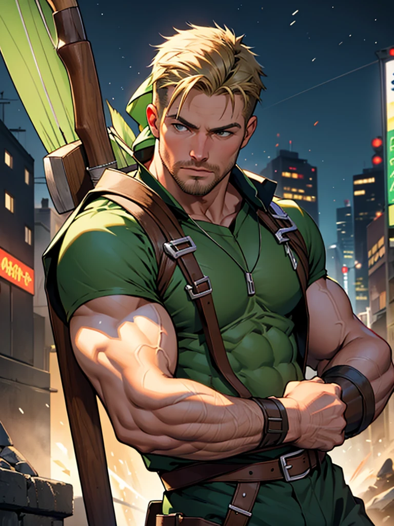 NSFW, 32k, high quality , detailed face , detailed fingers ,detailed muscles stephen amell as green arrow , wearing blackish green outfit , showing a dark blond short hair , a thick facial hair like daddies, a bulge ,hunk and handsome, shooting his arrows with a bow toward the ennemies , in action , with the quiver on his back full of arrows background sky and city at night