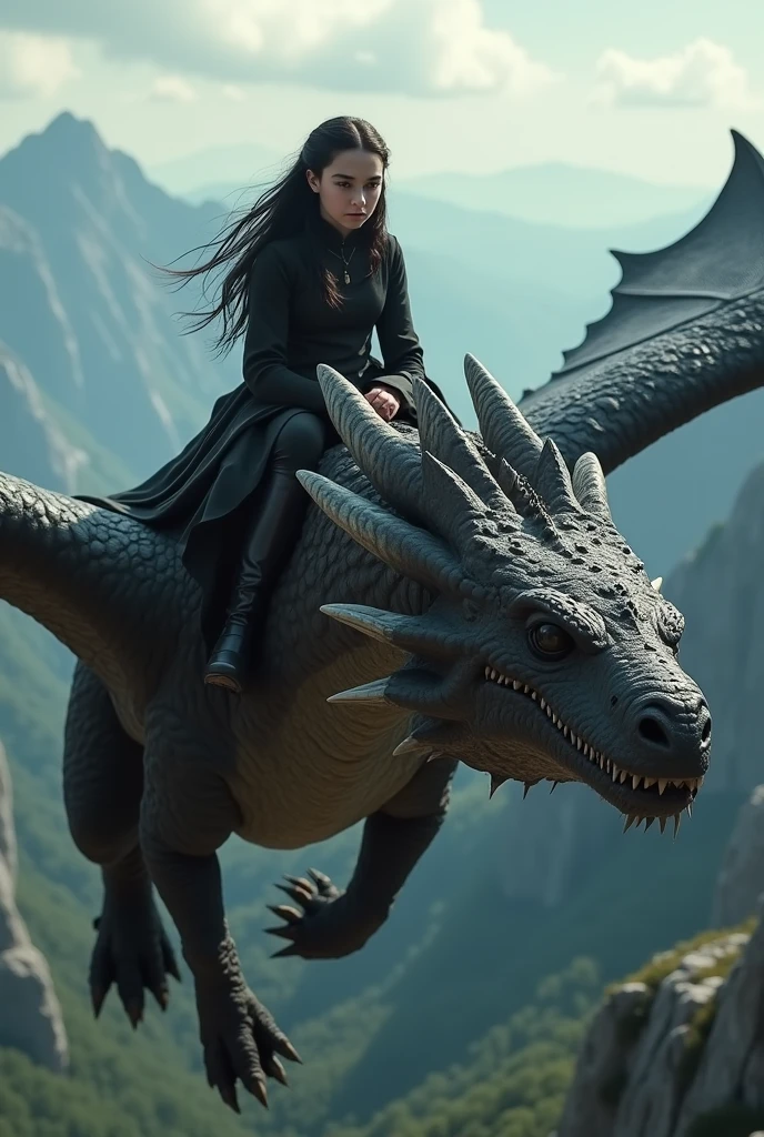 Create a real image of a black-eyed, black-haired girl riding a dragon, with the theme of game Of thrones