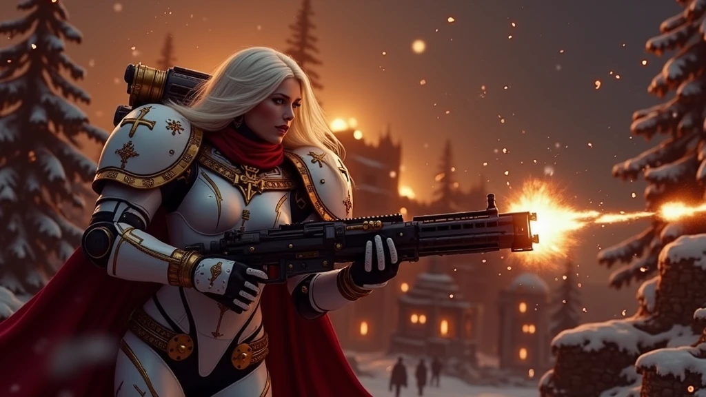 a beautiful woman with long platinum blonde hair, porcelain skin, ice blue eyes, sexy sisters of battle from the warhammer 40k, shooting at the enemy, frosty white space marine armor with intricate details and glowing religous symbols, sisters of battle, Adepta Sororitas, warhammer 40k, Massive silicone breast, pale skin, seductive, temptation, eat your soul, clevage, , standing in a magical winter wonderland with snow-covered trees and frozen lakes, intricate ice crystals and snowflakes surrounding her, (best quality,4k,8k,highres,masterpiece:1.2),ultra-detailed,(realistic,photorealistic,photo-realistic:1.37),fantasy,digital art,cinematic lighting, highly detailed armor, intricate futuristic weaponry, gritty and realistic, mecha, science fiction, hyper-detailed, photorealistic, award winning digital art, 8k, HDR, masters work, in the middle of a battle field, full body combat action pose, explosions and fire around, full war, charging, running forward, attacking, stunning, Stilleto heels, high heels, full body pose, cinematic, dust and debree, combat screams, attacking, shooting at the enemy, sisters of battle, Adepta Sororitas, warhammer 40kdramatic color palette,frozen landscape,ice powers,snow queen