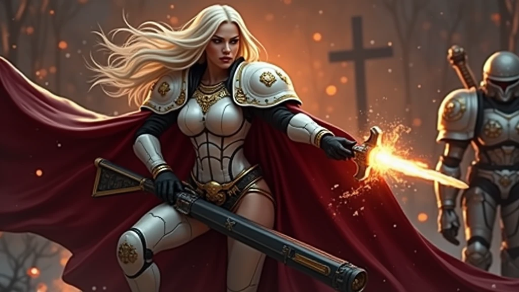 a beautiful woman with long platinum blonde hair, porcelain skin, ice blue eyes, sexy sisters of battle from the warhammer 40k, shooting at the enemy, frosty white space marine armor with intricate details and glowing religous symbols, sisters of battle, Adepta Sororitas, warhammer 40k, Massive silicone breast, pale skin, seductive, temptation, eat your soul, clevage, , standing in a magical winter wonderland with snow-covered trees and frozen lakes, intricate ice crystals and snowflakes surrounding her, (best quality,4k,8k,highres,masterpiece:1.2),ultra-detailed,(realistic,photorealistic,photo-realistic:1.37),fantasy,digital art,cinematic lighting, highly detailed armor, intricate futuristic weaponry, gritty and realistic, mecha, science fiction, hyper-detailed, photorealistic, award winning digital art, 8k, HDR, masters work, in the middle of a battle field, full body combat action pose, explosions and fire around, full war, charging, running forward, attacking, stunning, Stilleto heels, high heels, full body pose, cinematic, dust and debree, combat screams, attacking, shooting at the enemy, sisters of battle, Adepta Sororitas, warhammer 40kdramatic color palette,frozen landscape,ice powers,snow queen