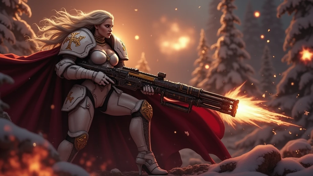 a beautiful woman with long platinum blonde hair, porcelain skin, ice blue eyes, sexy sisters of battle from the warhammer 40k, shooting at the enemy, frosty white space marine armor with intricate details and glowing religous symbols, sisters of battle, Adepta Sororitas, warhammer 40k, Massive silicone breast, pale skin, seductive, temptation, eat your soul, clevage, , standing in a magical winter wonderland with snow-covered trees and frozen lakes, intricate ice crystals and snowflakes surrounding her, (best quality,4k,8k,highres,masterpiece:1.2),ultra-detailed,(realistic,photorealistic,photo-realistic:1.37),fantasy,digital art,cinematic lighting, highly detailed armor, intricate futuristic weaponry, gritty and realistic, mecha, science fiction, hyper-detailed, photorealistic, award winning digital art, 8k, HDR, masters work, in the middle of a battle field, full body combat action pose, explosions and fire around, full war, charging, running forward, attacking, stunning, Stilleto heels, high heels, full body pose, cinematic, dust and debree, combat screams, attacking, shooting at the enemy, sisters of battle, Adepta Sororitas, warhammer 40kdramatic color palette,frozen landscape,ice powers,snow queen