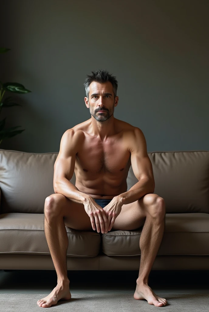 man on a sofa looking at the camera naked