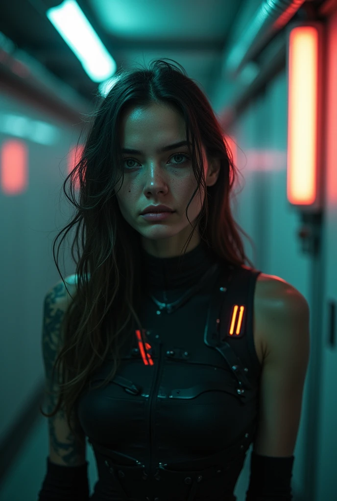 A Sweaty 21yo russian woman , cinematic film still, lights, noir, modern, dystopian, (sleek), Cybernetic, Luis Royo