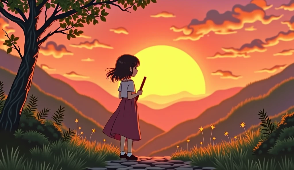 A younger korean girl looks into a sunrise,we see her from behind ,romantic scenery,in her hansld she holds a Bamboo flute, ghibli style