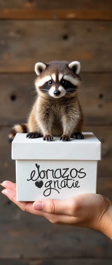 A photo of a hand proudly holding a small, fluffy baby raccoon. The raccoon is extra cute and has adorable facial features. It sits atop a white box. The box showcases a playful graphic of a raccoon and the text "ABRAZOS GRATIS." The overall atmosphere exudes warmth and humor. The background contains a rustic wooden background.