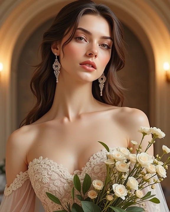 Draw a portrait of a slim 30-year-old princess in Victorian style, with a sleek hairstyle and detailed strapless dress. She must be holding a bouquet of delicate flowers, with a serene and graceful expression. The image should capture the essence of a delicate female figure, but which exudes a powerful and dignified presence.
