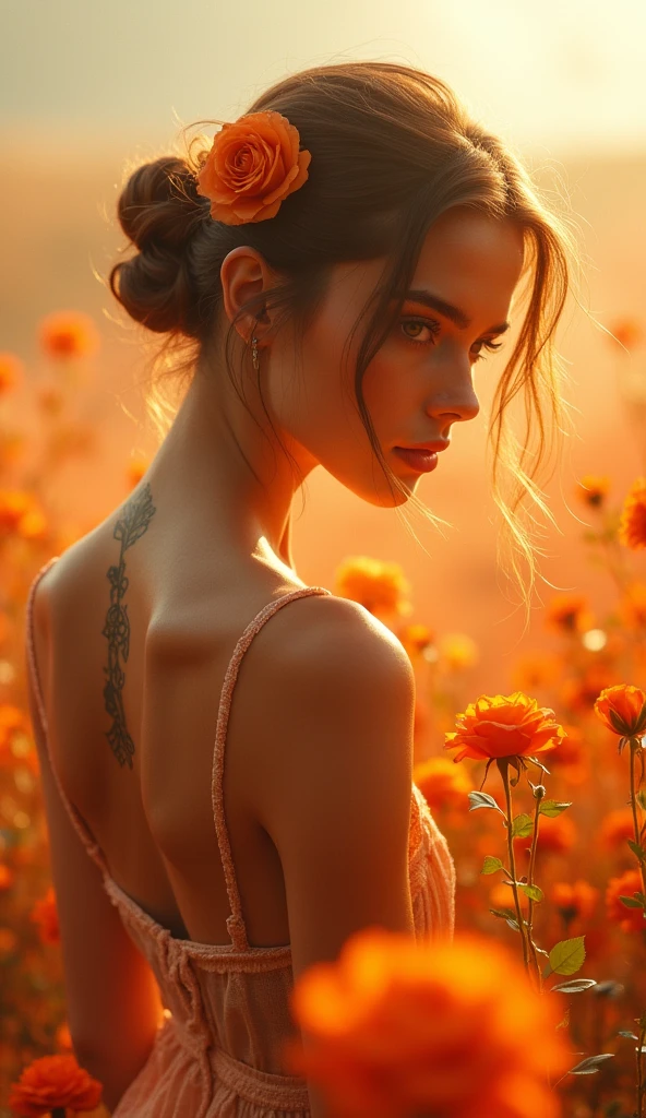 "Double Exposure Image Of A Beautiful Sensual Girl Sitting On A Orange Rose Meadow, Beautiful Delicate Back Tattoo, Soft Lighting And Colour, Hyperdetailed, Orange Glow Filter"