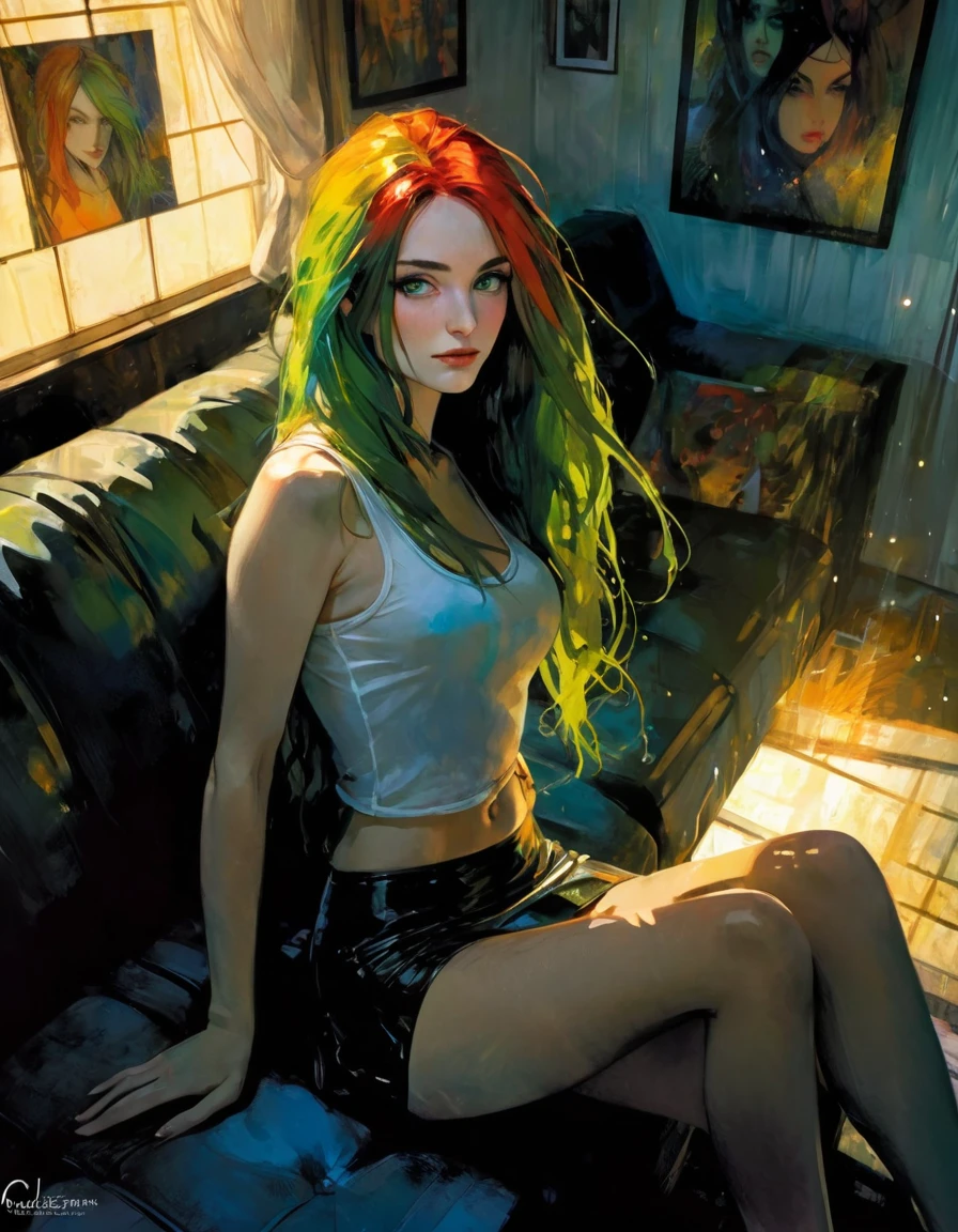 ((masterpiece)), ((best quality)), (ultra detailed), ((extremely detailed)), 4K, (8K), best quality, (beautiful), realistic style, in the room, on the bed, a pretty girl, 1 girl, alone, miniskirt, tank top, beautiful long multicolored hair, beautiful green eyes, ((beautiful eyes)), long hair, light smile, blush, lens flare, from above, selfie, night , on the sofa in a living room with a view of a magical night with stars, eroticism, sexy, black and white image, between shadows, oil painting, chiaroscuro, sensual, dramatic lighting, changing atmosphere, photorealistic, intricate details, work master, ultra detailed, high quality, 8k, best quality, realistic, cinematic, dark and brooding, expressionistic, powerful composition, emotional impact, long multicolored hair art inspired by Bill Sienkiewicz and Dave McKean.