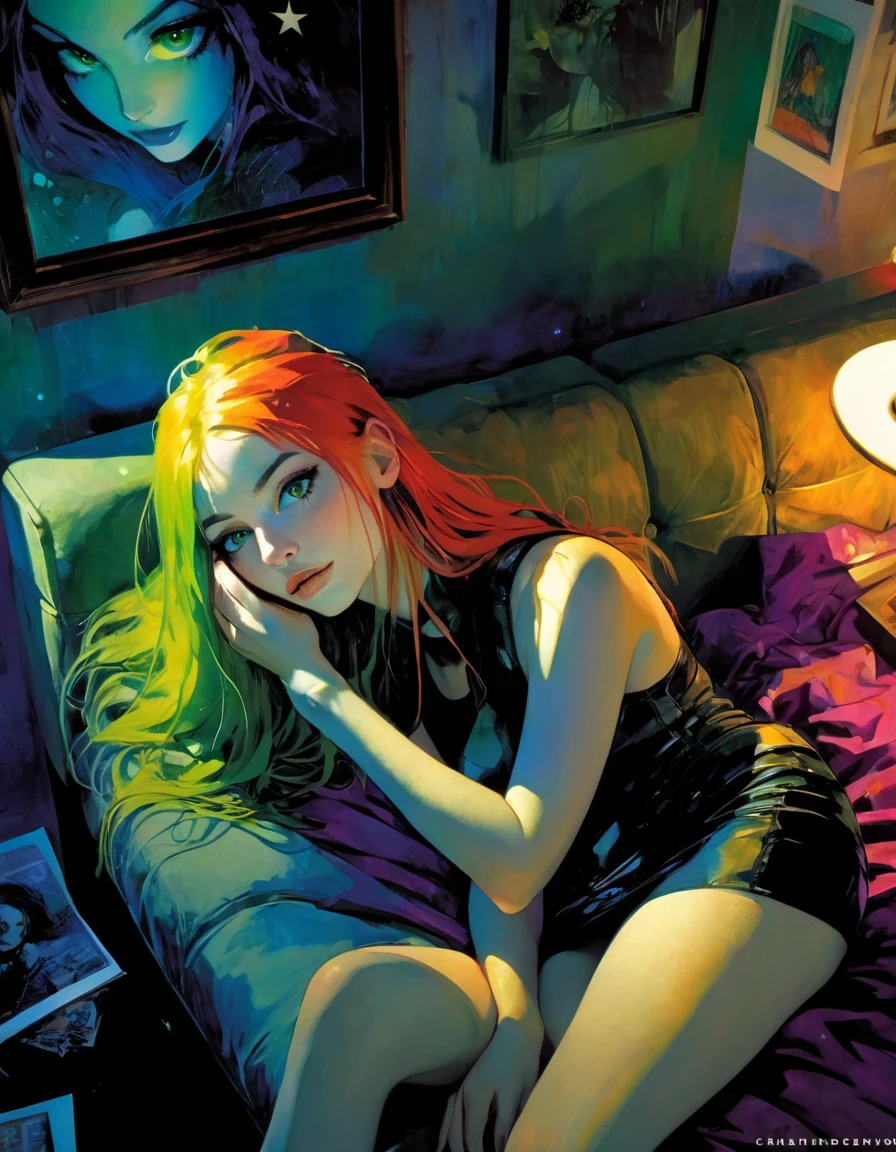 ((masterpiece)), ((best quality)), (ultra detailed), ((extremely detailed)), 4K, (8K), best quality, (beautiful), realistic style, in the room, on the bed, a pretty girl, 1 girl, alone, miniskirt, tank top, beautiful long multicolored hair, beautiful green eyes, ((beautiful eyes)), long hair, light smile, blush, lens flare, from above, selfie, night , on the sofa in a living room with a view of a magical night with stars, eroticism, sexy, black and white image, between shadows, oil painting, chiaroscuro, sensual, dramatic lighting, changing atmosphere, photorealistic, intricate details, work master, ultra detailed, high quality, 8k, best quality, realistic, cinematic, dark and brooding, expressionistic, powerful composition, emotional impact, long multicolored hair art inspired by Bill Sienkiewicz and Dave McKean.
