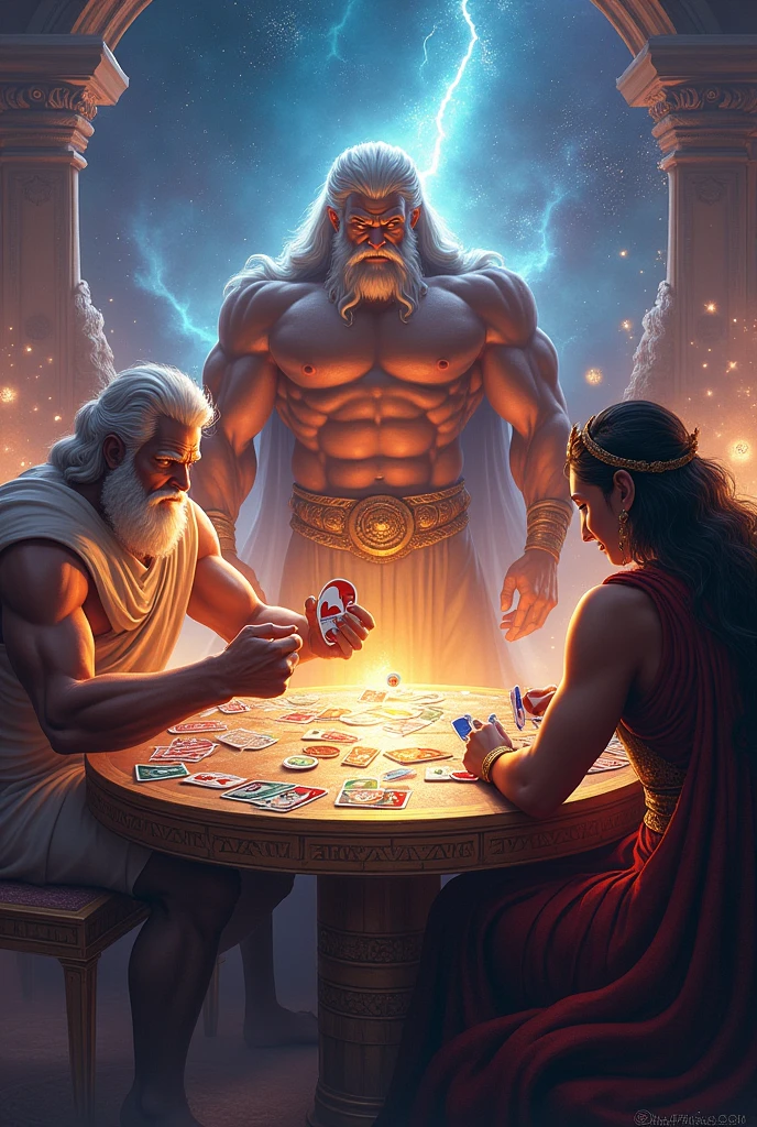 Draw the gods Zeus, Thor, and Susano&#39;o playing uno on a celestial table.