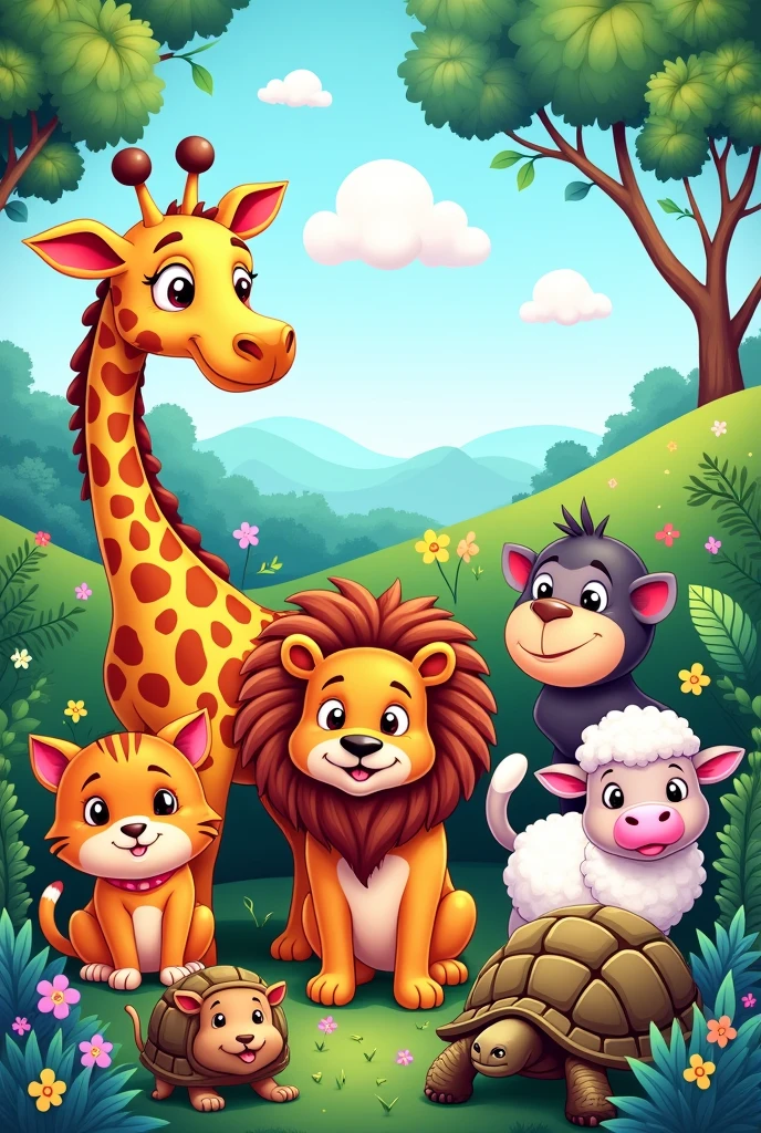 A cover for a coloring book , This book contains cute animals including a giraffe., Lion, Dog Cat, ape, ovelha, cow, tortoise, leave space to write the title please