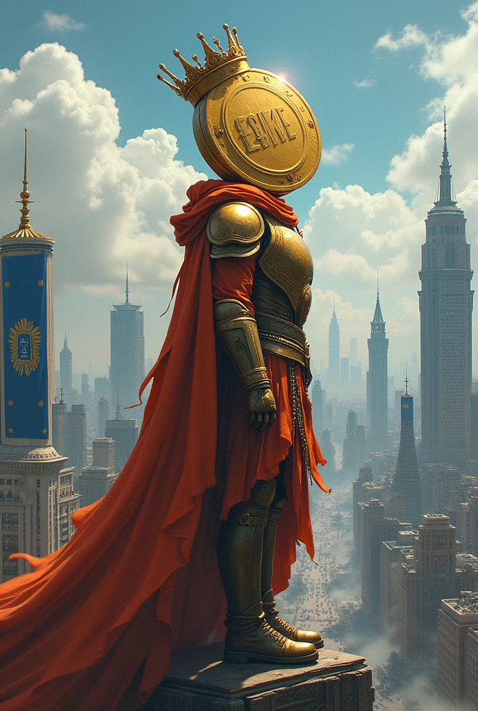 The king, whose head is very big and looks like a coin and has orange armor and a beautiful crown, is standing on top of the city and looking at future, flags is written "MEXC" are all over and the color of this flags is dark blue.