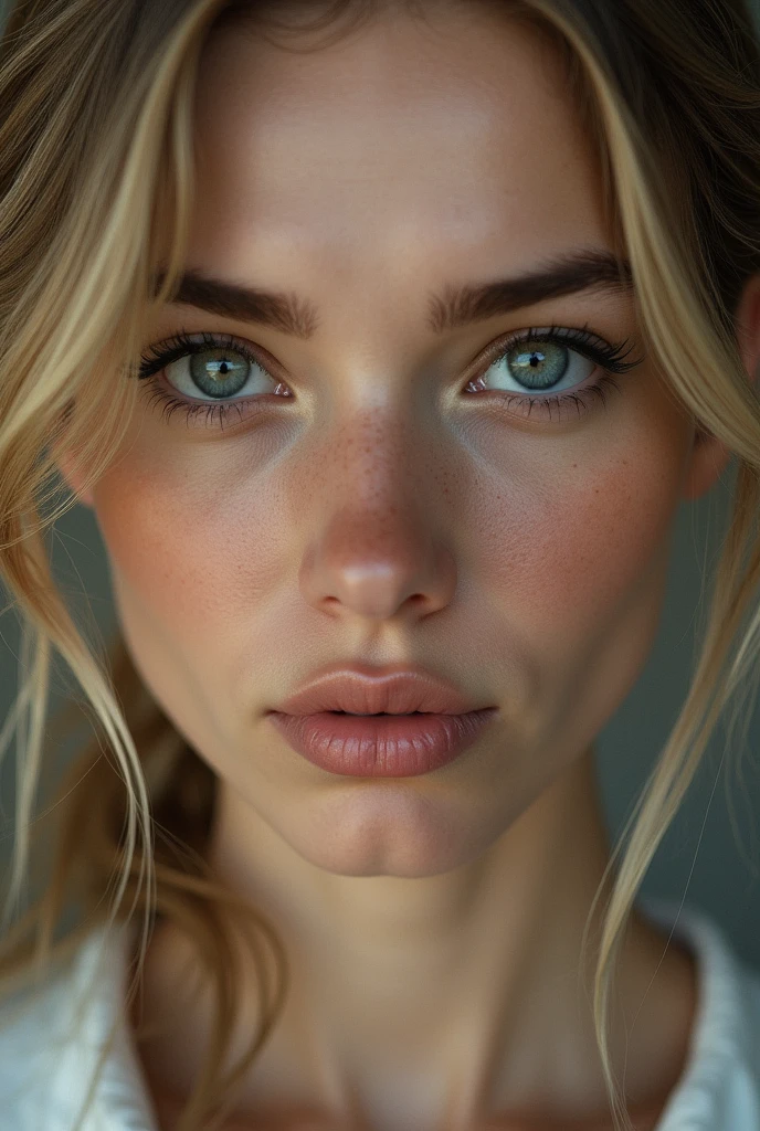 Face off a woman quiet realistic blond with dark eyes 