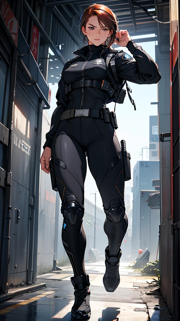 Beautiful girl, realistic masterpiece, detailed muscles (best quality,ultra-detailed), auburn hair, fair skin, fit body, slim figure, narrow waist, (serious expression), futuristic, black full body uniform, police insignia, SWAT officer, highly detailed military gear and weapons, dynamic pose
