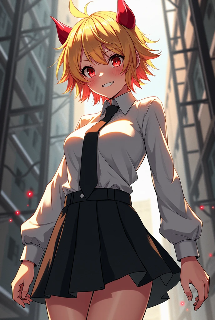 A young woman with wild, spiky blonde hair with red streaks, wearing a white shirt, a black tie, and a black skirt, with sharp red horns on her head. She has a mischievous smile and sharp teeth, with a confident, chaotic expression. She is standing in an urban setting, with a gritty background. The artwork should be in a highly detailed anime style, with vibrant colors and dynamic lighting.