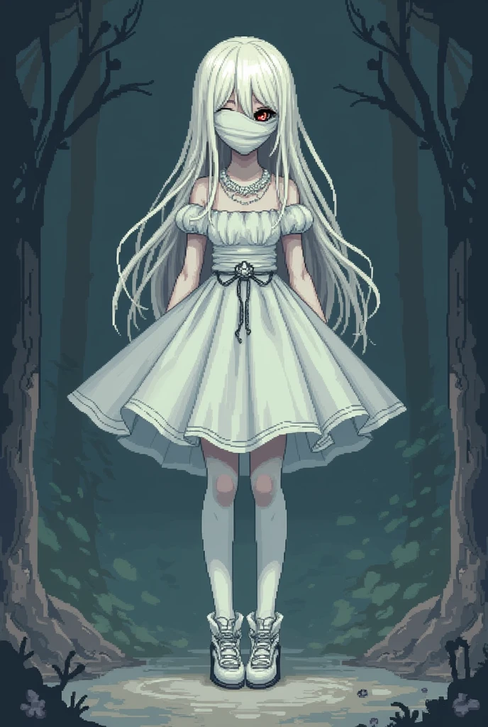 girl with pale skin, long hair, who has one eye covered by a cloth that covers it, who wears fantasy clothing which has a skirt, who wears long white stockings and shoes, who looks like her face is emotionless, pixel art