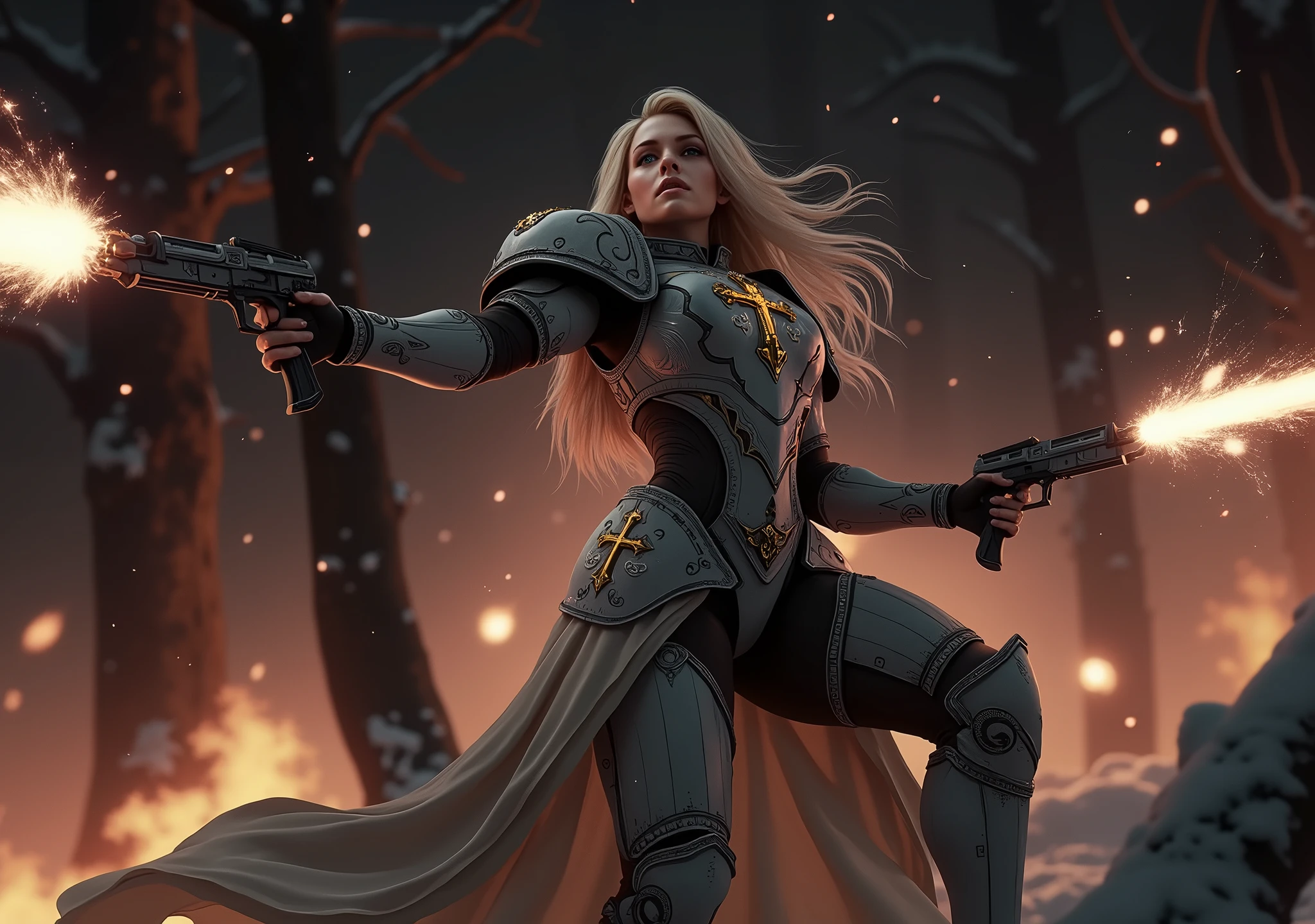 a beautiful woman with long platinum blonde hair, porcelain skin, ice blue eyes, sexy sisters of battle from the warhammer 40k, shooting at the enemy, frosty white space marine armor with intricate details and glowing religous symbols, sisters of battle, Adepta Sororitas, warhammer 40k, Massive silicone breast, pale skin, seductive, temptation, eat your soul, clevage, , standing in a magical winter wonderland with snow-covered trees and frozen lakes, intricate ice crystals and snowflakes surrounding her, (best quality,4k,8k,highres,masterpiece:1.2),ultra-detailed,(realistic,photorealistic,photo-realistic:1.37),fantasy,digital art,cinematic lighting, highly detailed armor, intricate futuristic weaponry, gritty and realistic, mecha, science fiction, hyper-detailed, photorealistic, award winning digital art, 8k, HDR, masters work, in the middle of a battle field, full body combat action pose, explosions and fire around, full war, charging, running forward, attacking, stunning, Stilleto heels, high heels, full body pose, cinematic, dust and debree, combat screams, attacking, shooting at the enemy, sisters of battle, Adepta Sororitas, warhammer 40kdramatic color palette,frozen landscape,ice powers,snow queen