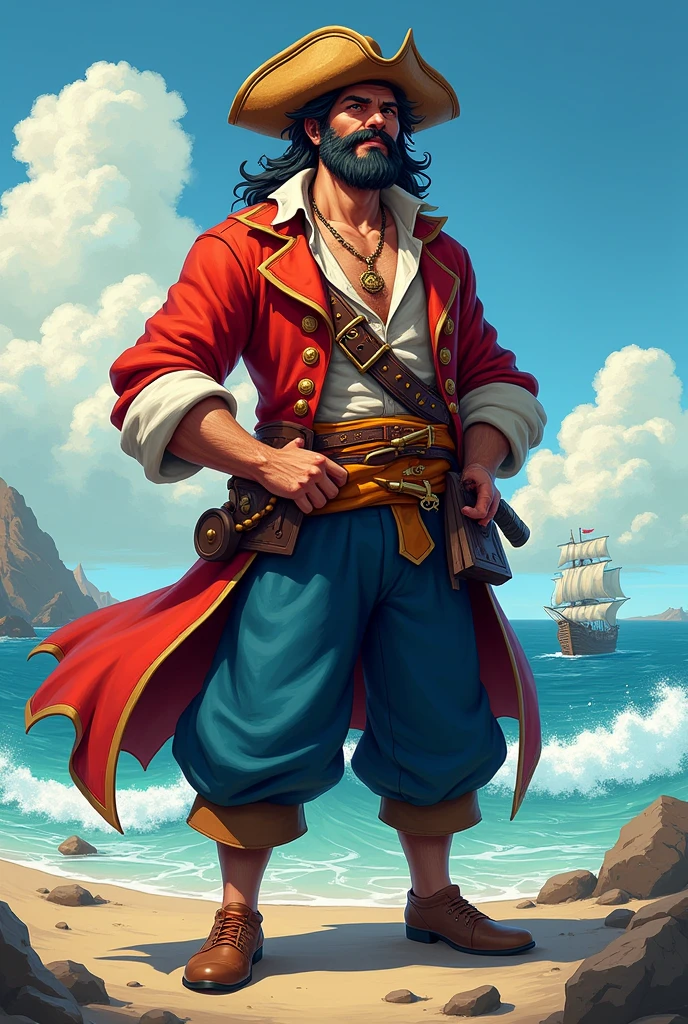 a pirate with a straw hat and a red outfit and blue pants