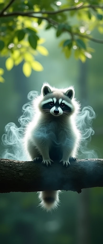 A photo of a totally transparent silhouette of a translucent, extra fluffy raccoon formed of faint smoke spirals. The raccoon is sitting on a tree branch. The background is a forest with green leaves.
