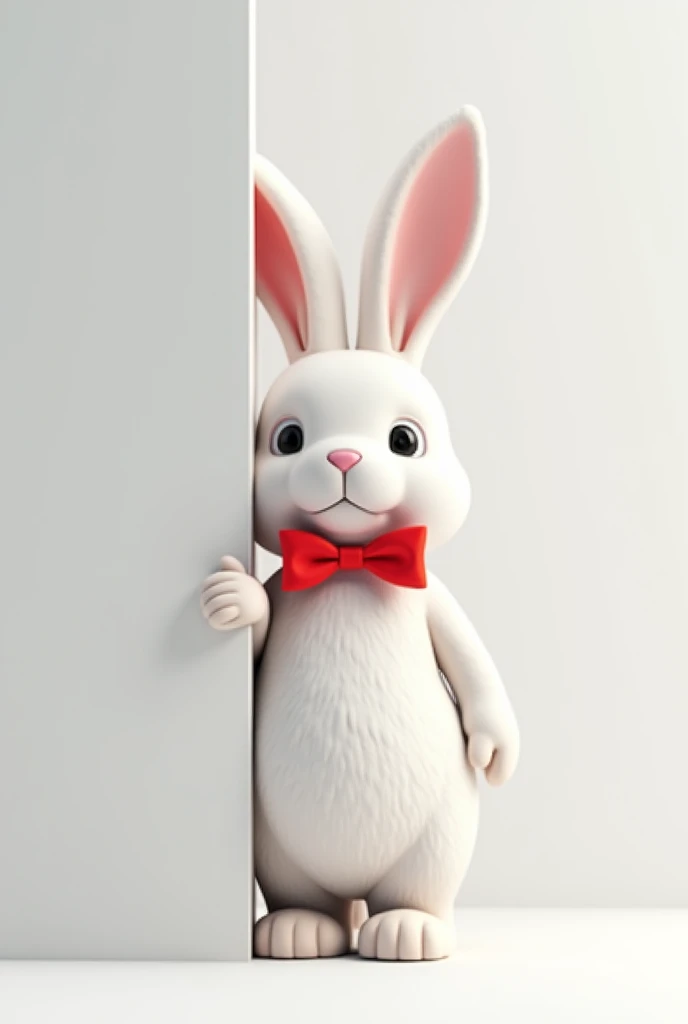 half the body of a white rabbit with red bow tie sticking out from behind a wall, facing us, 3d rendering, pixar style, (detailed digital art), stylized 3d rendering, c4d, (full height), high quality, composition, masterpiece, art station, solid white plain background