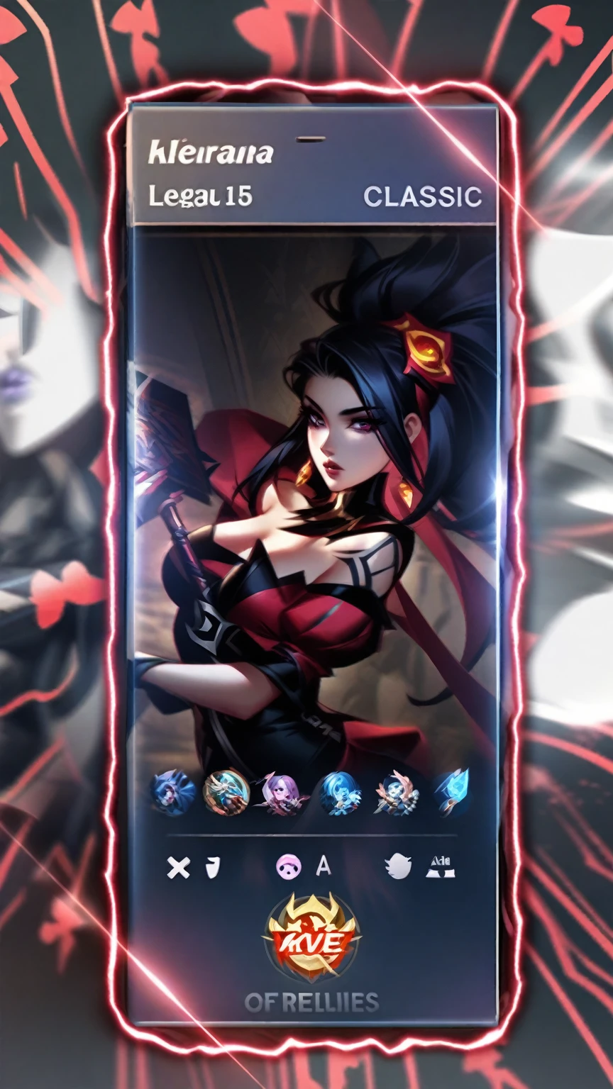 a close up of a cell phone with a picture of a woman in a costume, kda, arcane art style, ahri, phone wallpaper, irelia, wallpaper mobile, crimson themed, mobile wallpaper, akali, phone background, arcane jinx, style of league of legends, style league of legends, katarina, league of legends art style