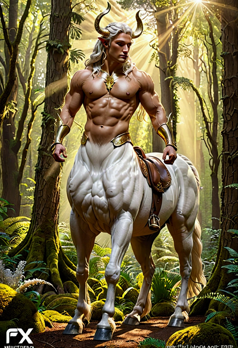 Centaur, a white centaur prins in a forest, sunshine rays, highly detailed centaur with muscular chest, gold belt, legs with hooves, white horsetail, fantasy creature:: Meticulously hyperdetailed fantasy photo with breathtaking intricate details, by WETA FX and industrial light and magic, intricate elaborate RTX enhanced CGI render, masterpiece, best quality, very aesthetic, absurdres