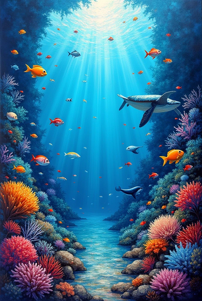 "Underwater Life in Effervescent Colors" is a brush-painted work of art that immerses viewers in a vibrant, life-filled marine world. A pintura retrata o fascinante fundo do mar, Filled with an exuberant array of marine species, from multicolored tropical fish to majestic marine mammals and graceful turtles.

O quadro se desenrola como uma janela para um recife de coral vibrante, where the dazzling colors of algae and corals blend into a spectacle of underwater life. As tonalidades de azul profu