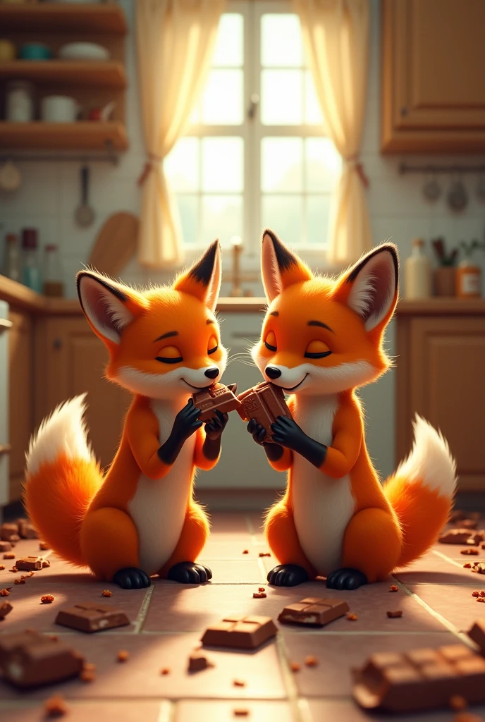 Two foxes eating chocolate in the kitchen