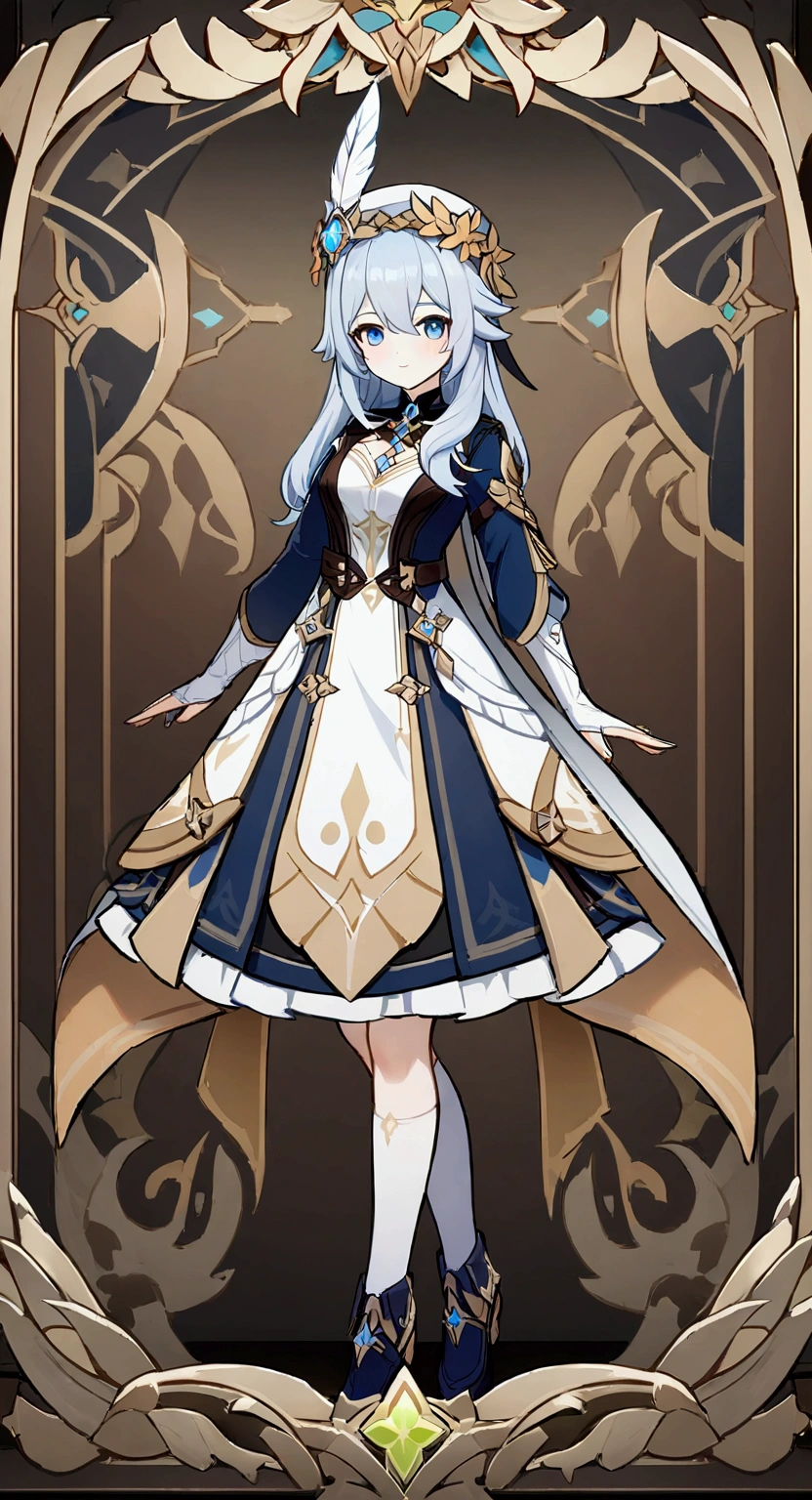 A person wearing a Catholic style feather hat and wreath, from Genshin Impact, Genshin Impact style, Standing picture, Fine details. Genshin Impact, Genshin Impact universe, From the Azur Lane video game, Azur route style, Genshin Impact cg, From Ark of Tomorrow, Genshin Impact, Character Icon, Fleet Collection Style, 绫香Genshin Impact冲击,captain,Inazuma,mondstadt,
