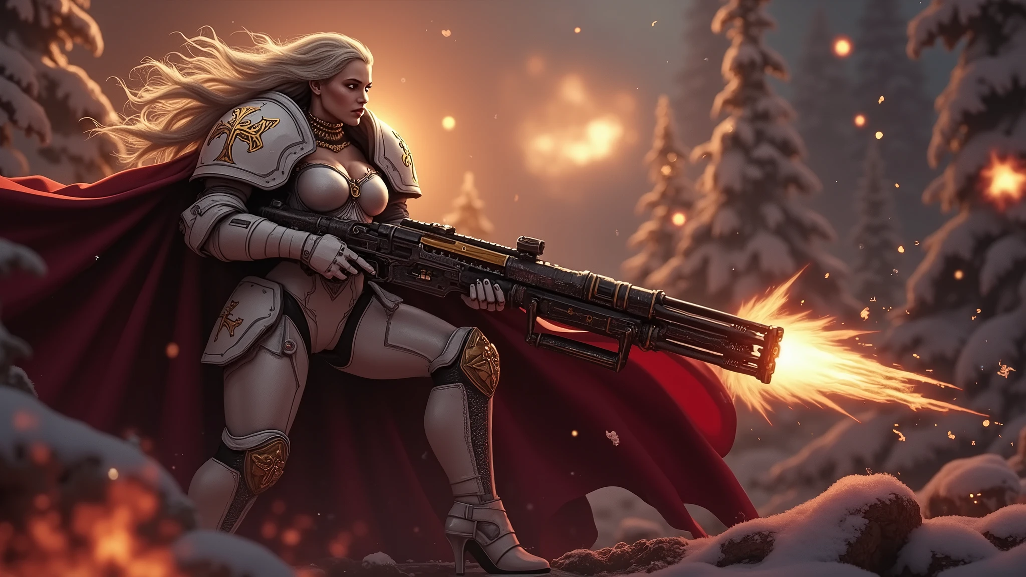 a beautiful woman with long platinum blonde hair, porcelain skin, ice blue eyes, sexy sisters of battle from the warhammer 40k, shooting at the enemy, frosty white space marine armor with intricate details and glowing religous symbols, sisters of battle, Adepta Sororitas, warhammer 40k, Massive silicone breast, pale skin, seductive, temptation, eat your soul, clevage, , standing in a magical winter wonderland with snow-covered trees and frozen lakes, intricate ice crystals and snowflakes surrounding her, (best quality,4k,8k,highres,masterpiece:1.2),ultra-detailed,(realistic,photorealistic,photo-realistic:1.37),fantasy,digital art,cinematic lighting, highly detailed armor, intricate futuristic weaponry, gritty and realistic, mecha, science fiction, hyper-detailed, photorealistic, award winning digital art, 8k, HDR, masters work, in the middle of a battle field, full body combat action pose, explosions and fire around, full war, charging, running forward, attacking, stunning, Stilleto heels, high heels, full body pose, cinematic, dust and debree, combat screams, attacking, shooting at the enemy, sisters of battle, Adepta Sororitas, warhammer 40kdramatic color palette,frozen landscape,ice powers,snow queen