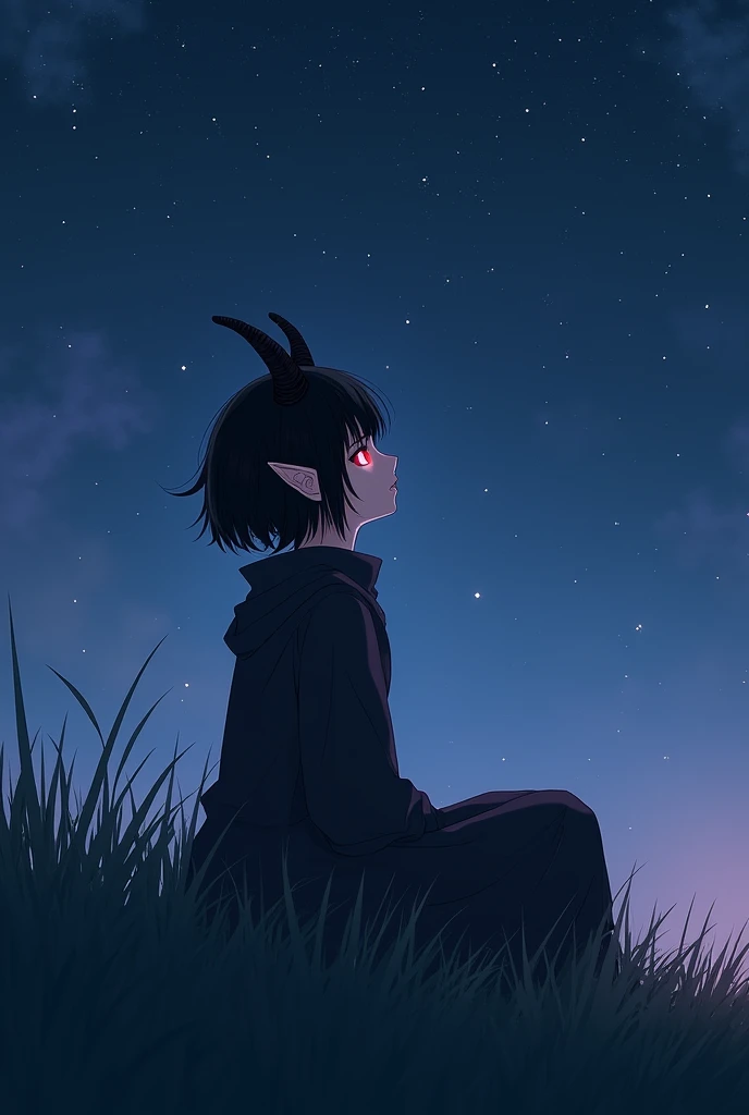 An adult girl with a very short haircut like a boy, with black hair and black horns like a Chinese dragon, with ears like an elf, sits in a field at night and looks at the stars in an anime-style photo from above in black clothes and red eyes