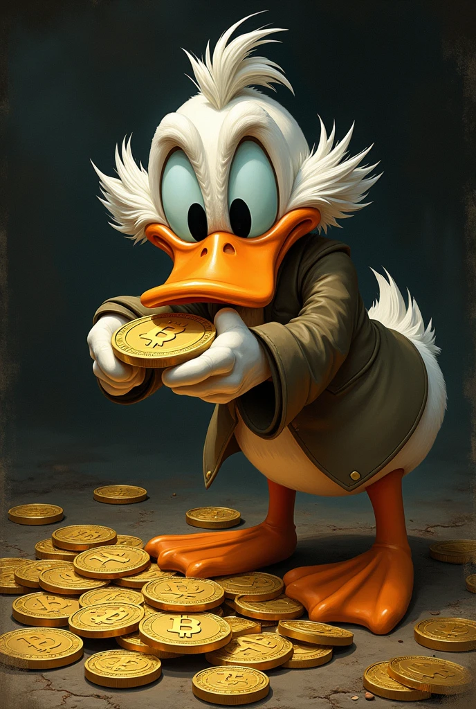 Uncle Scrooge Disney character, several bitcoin coins and he counting many, different scenarios, dark in the background